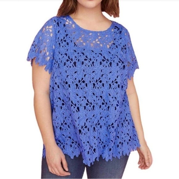 Lane Bryant Crochet Lace Short Sleeve Blouse Blue Floral Feminine Sz 26 Plus - Picture 1 of 10